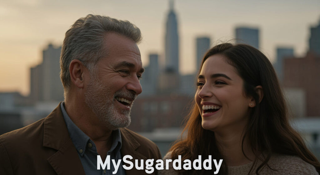 Age-gap couple laughing together with a city skyline