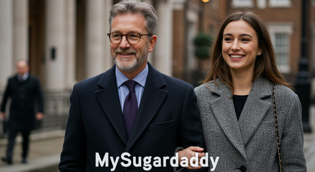 Age-gap couple in a relationship walking arm in arm and shopping