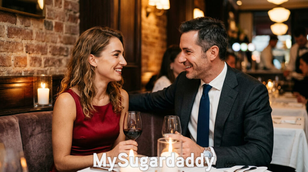 Sugar daddy and sugar baby enjoying a dinner date