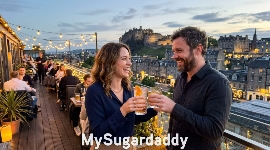 Sugar daddy and sugar baby toasting drinks on an Edinburgh rooftop bar