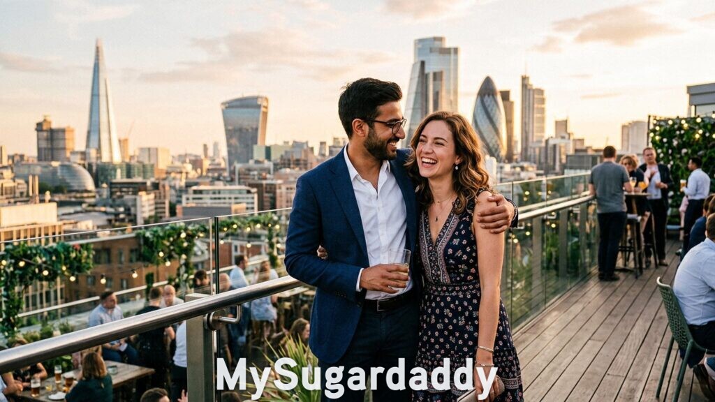 sugar daddy and sugar baby on a London rooftop bar with skyline view