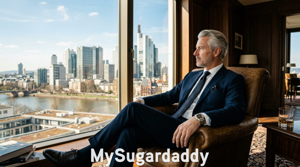 Genuine sugar daddy sitting in his office overlooking the city