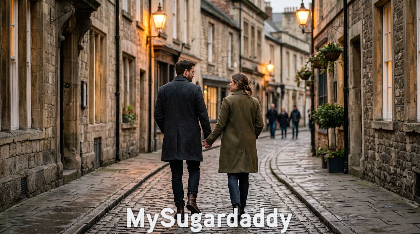 Sugar dating discretion couple walking through a city street in UK